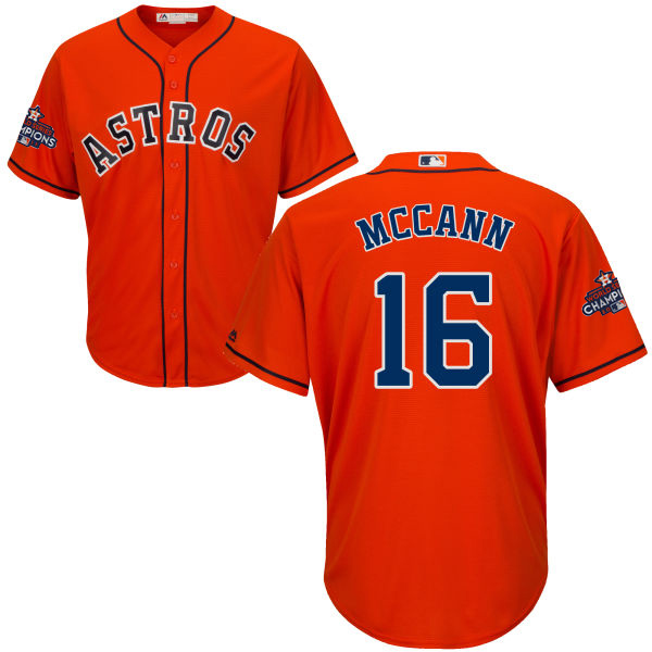 Astros #16 Brian McCann Orange Cool Base World Series Champions Stitched Youth MLB Jersey - Click Image to Close